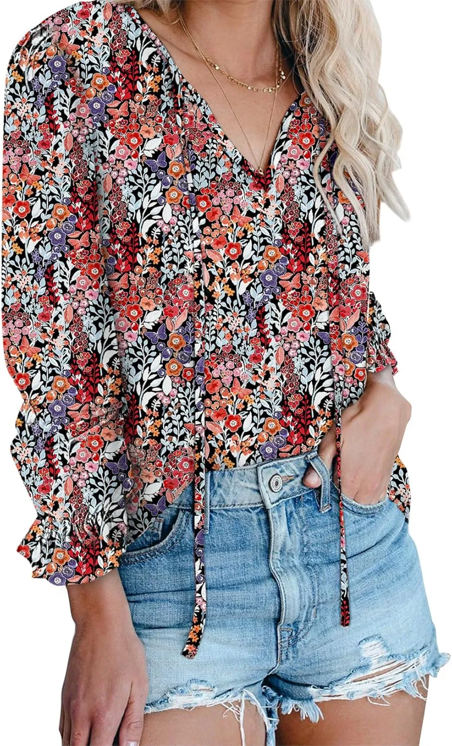 Dokotoo Women's Casual Boho Floral Printed V Neck Tops Drawstring Short Long Sleeve T Shirt Blouses