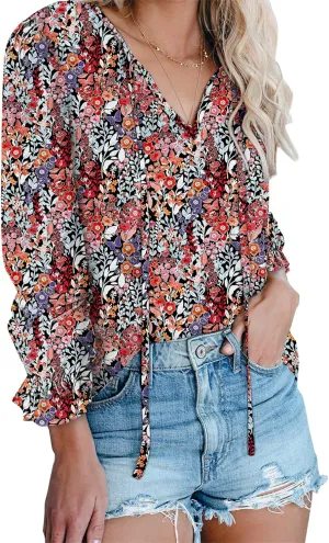 Dokotoo Women's Casual Boho Floral Printed V Neck Tops Drawstring Short Long Sleeve T Shirt Blouses