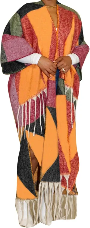 Ecirod Womens 2024 Fall Open Front Fringe Knit Cardigan Long Sweaters Aztec Double Slit Tassels Kimono Duster Cardigans