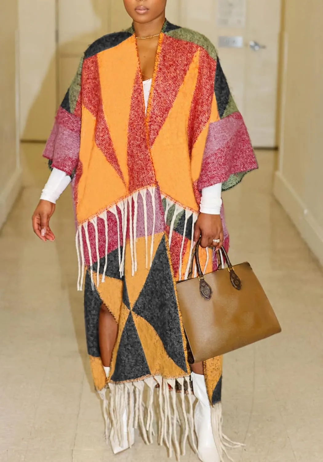 Ecirod Womens 2024 Fall Open Front Fringe Knit Cardigan Long Sweaters Aztec Double Slit Tassels Kimono Duster Cardigans