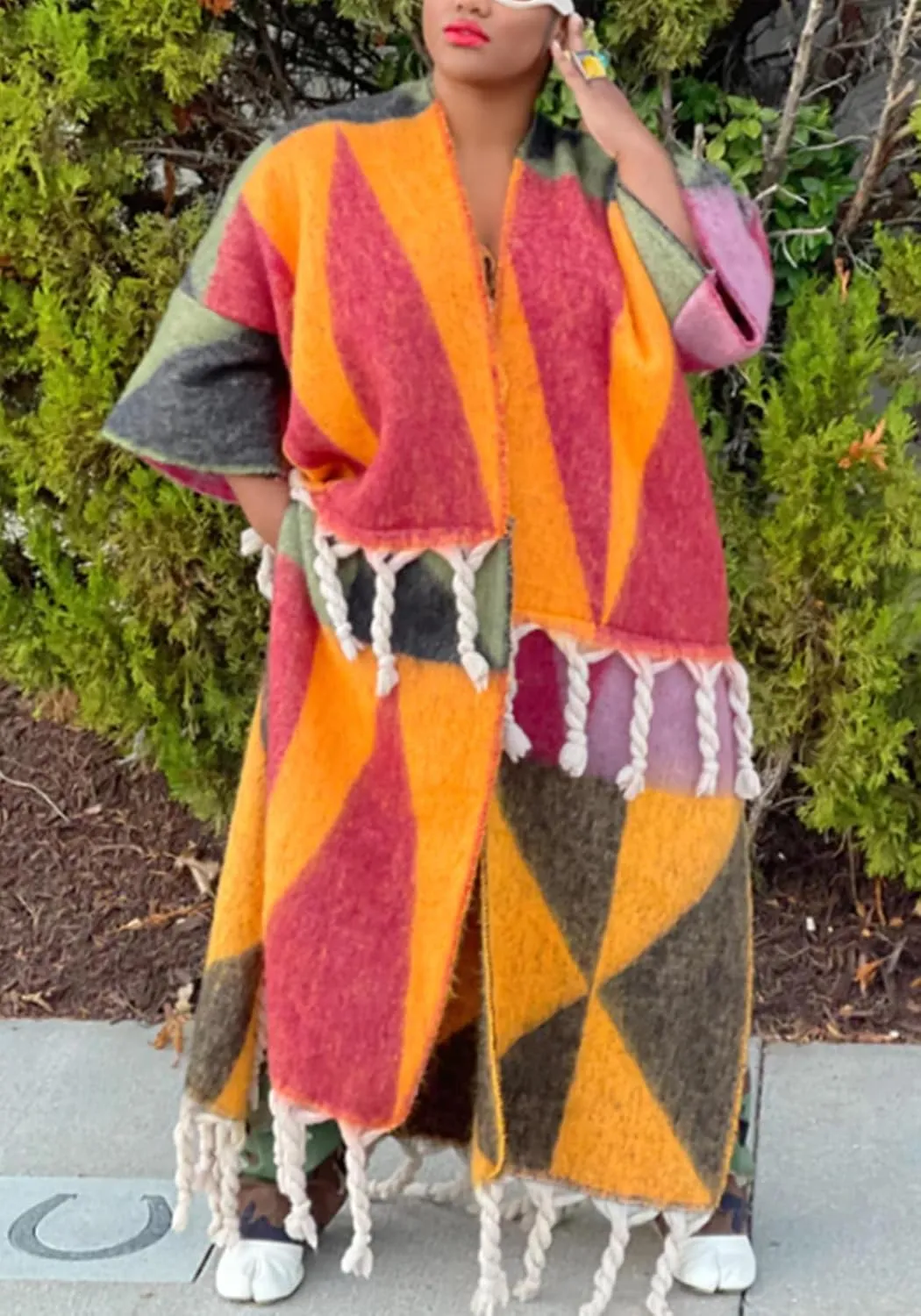 Ecirod Womens 2024 Fall Open Front Fringe Knit Cardigan Long Sweaters Aztec Double Slit Tassels Kimono Duster Cardigans