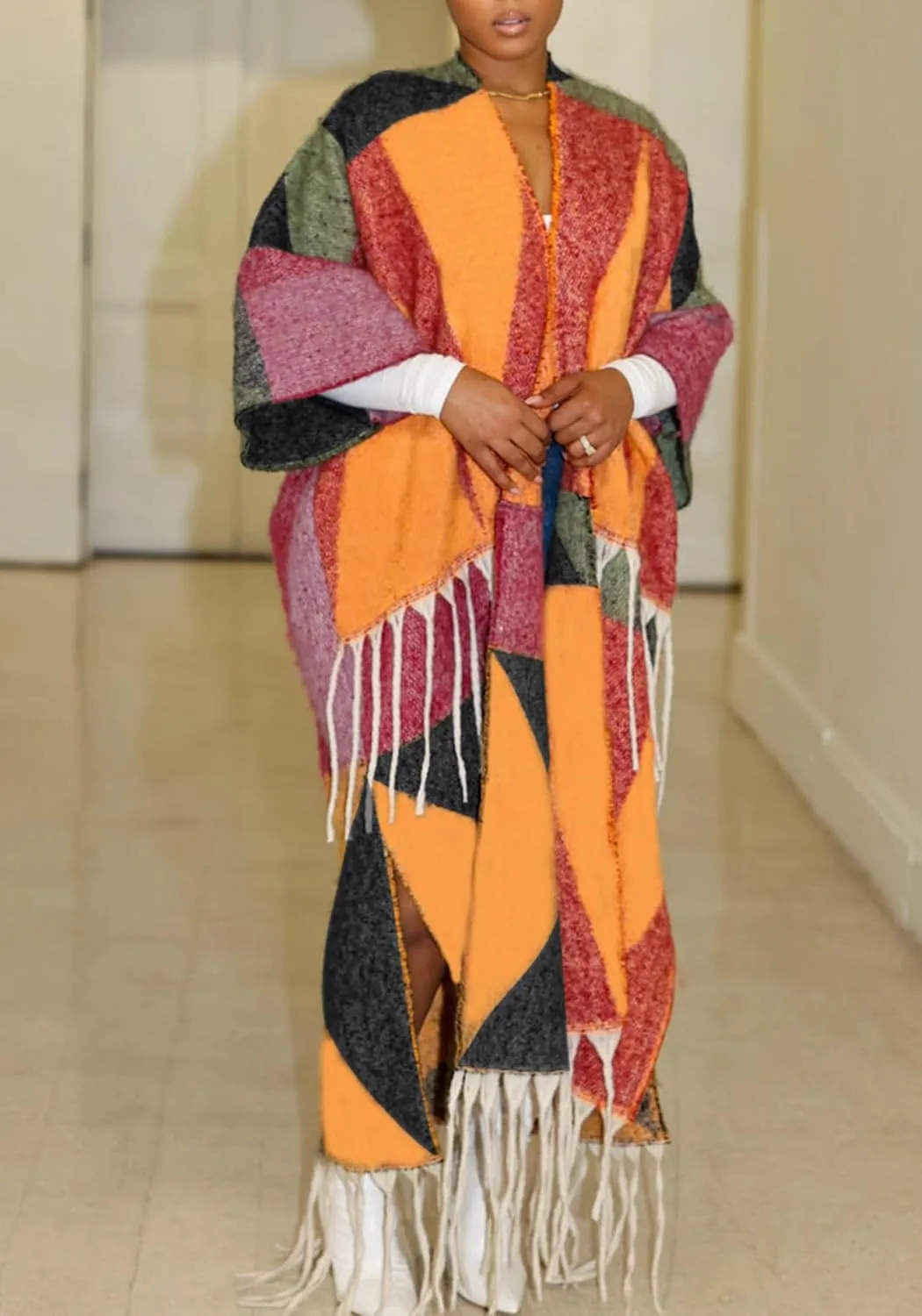 Ecirod Womens 2024 Fall Open Front Fringe Knit Cardigan Long Sweaters Aztec Double Slit Tassels Kimono Duster Cardigans