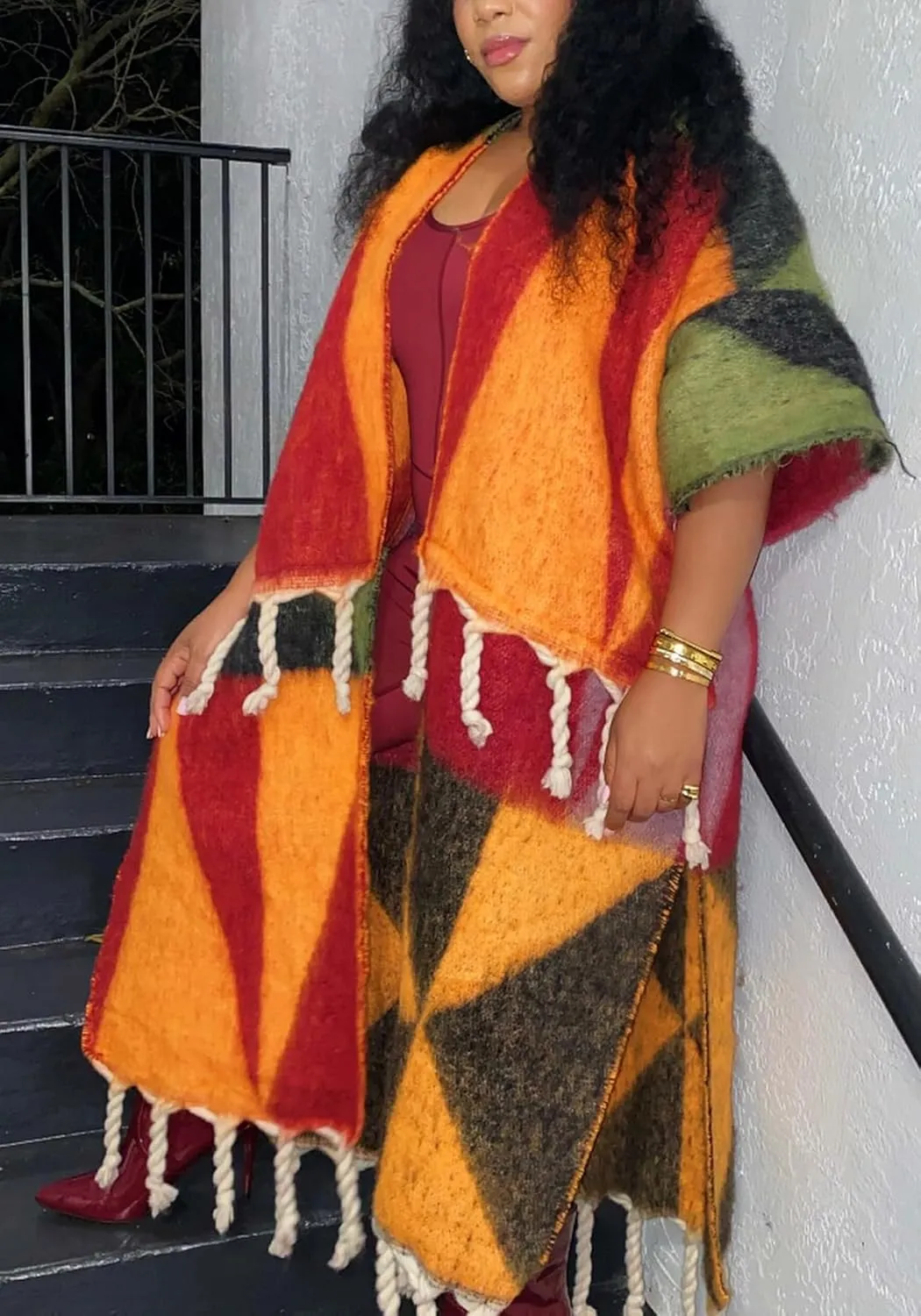 Ecirod Womens 2024 Fall Open Front Fringe Knit Cardigan Long Sweaters Aztec Double Slit Tassels Kimono Duster Cardigans
