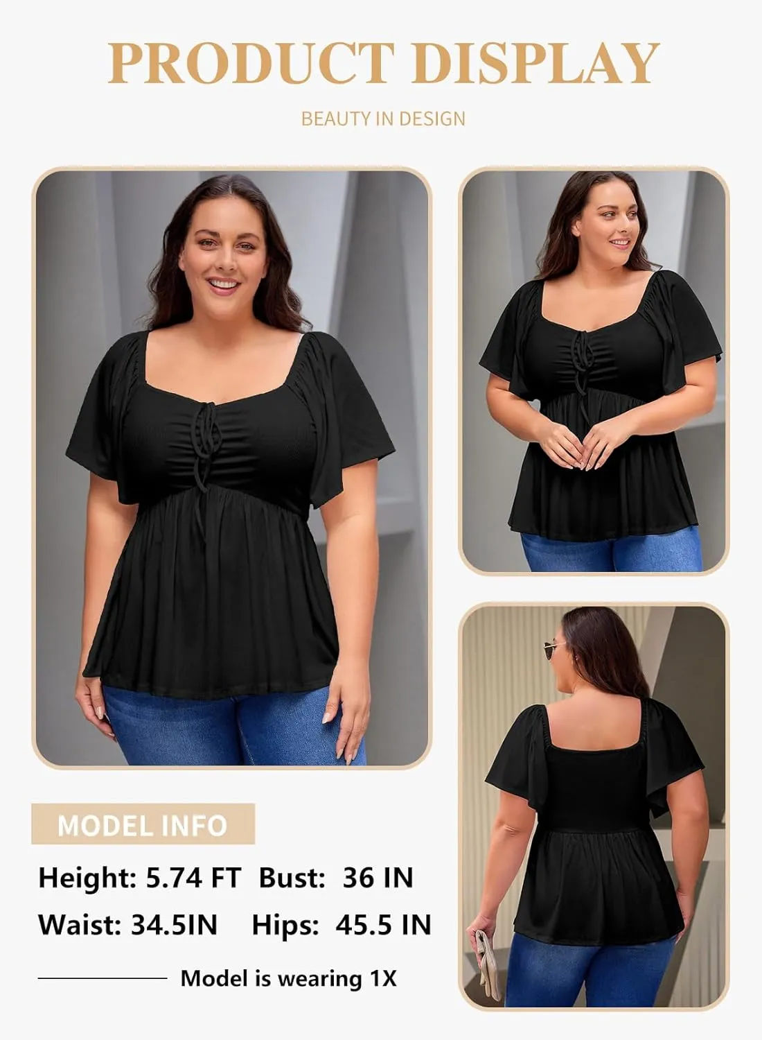 Eytino Women Plus Size Sweetheart Neck Short Sleeve Shirred Peplum Blouse Tops Shirts(1X-5X)