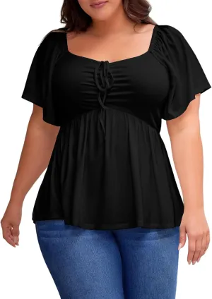 Eytino Women Plus Size Sweetheart Neck Short Sleeve Shirred Peplum Blouse Tops Shirts(1X-5X)