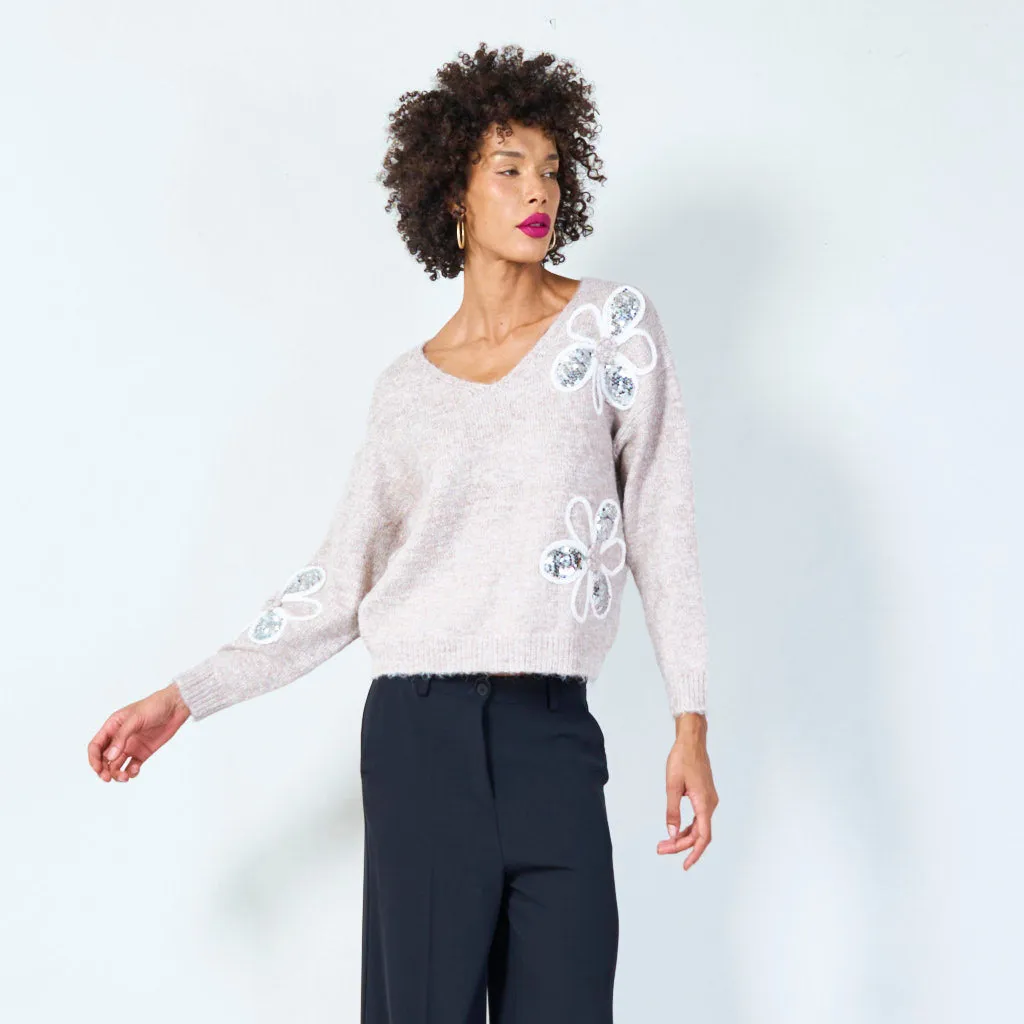 Floral embellished V-neck sweater wholesale