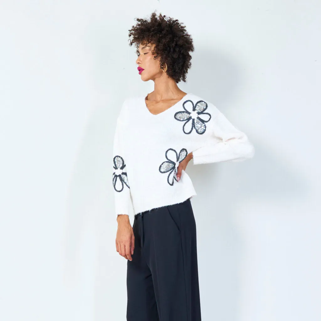 Floral embellished V-neck sweater wholesale