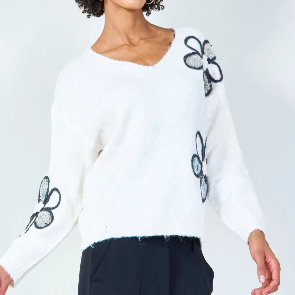 Floral embellished V-neck sweater wholesale