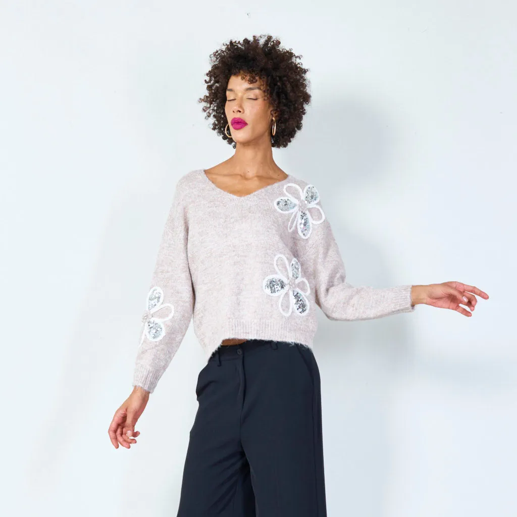 Floral embellished V-neck sweater wholesale