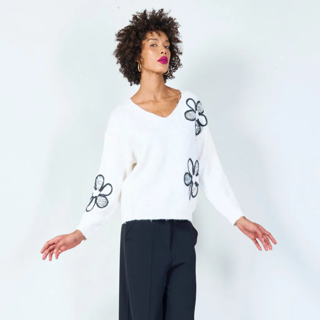 Floral embellished V-neck sweater wholesale