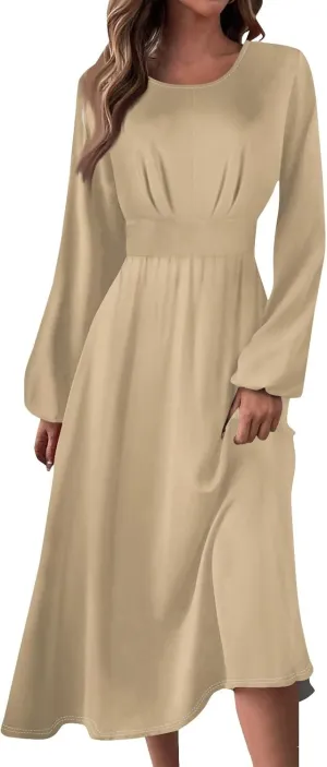 Formal Fall Winter Long Sleeve Wedding Guest Dresses for Women Floral Casual Trendy Smocked Flowy A Line Midi Dress