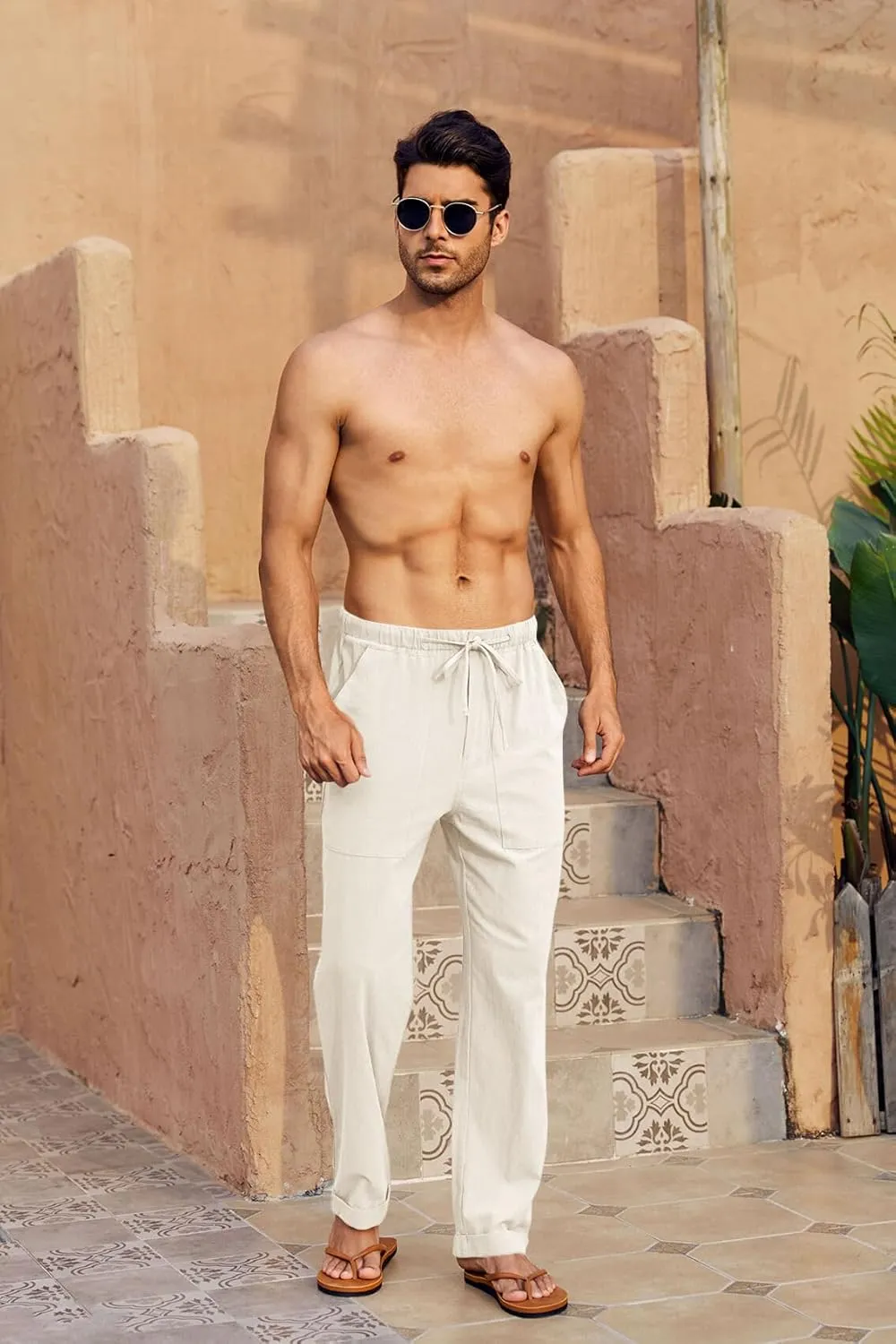Gafeng Mens Linen Pants Yoga Beach Loose Fit Casual Summer Elastic Waist Drawstring Baggy Trousers with Pockets