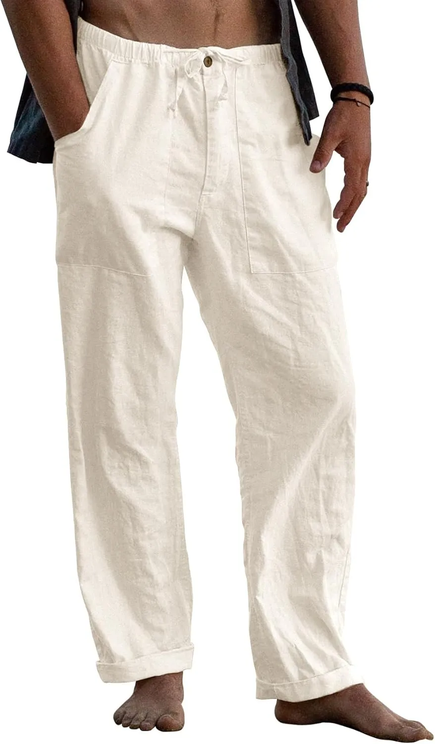 Gafeng Mens Linen Pants Yoga Beach Loose Fit Casual Summer Elastic Waist Drawstring Baggy Trousers with Pockets
