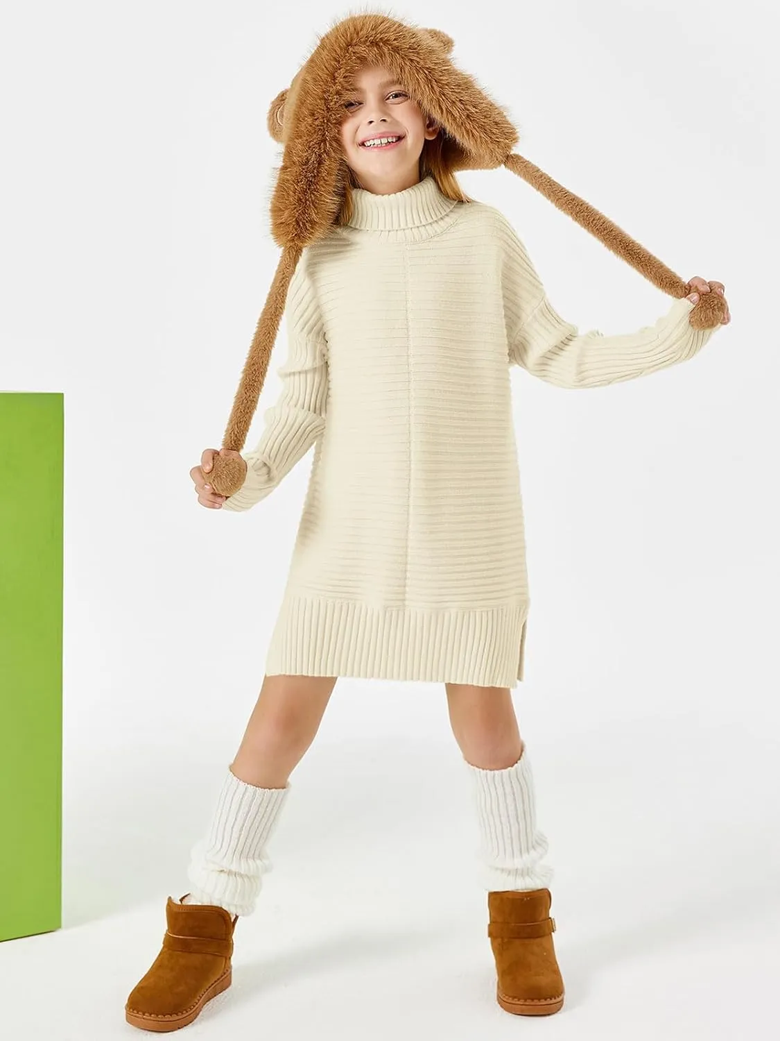 Haloumoning Kids Girls Turtleneck Tunic Sweaters Dress Oversized Long Sleeve Knit Chunky Pullover Jumper with Slit 5-14T