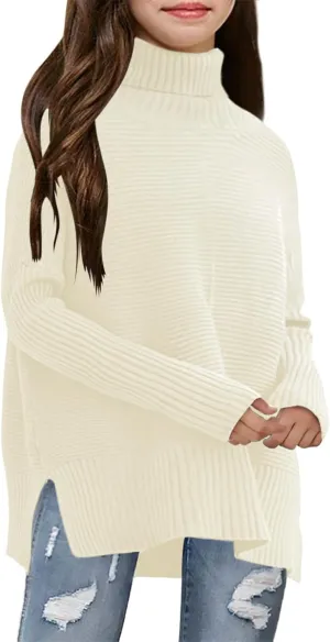 Haloumoning Kids Girls Turtleneck Tunic Sweaters Dress Oversized Long Sleeve Knit Chunky Pullover Jumper with Slit 5-14T