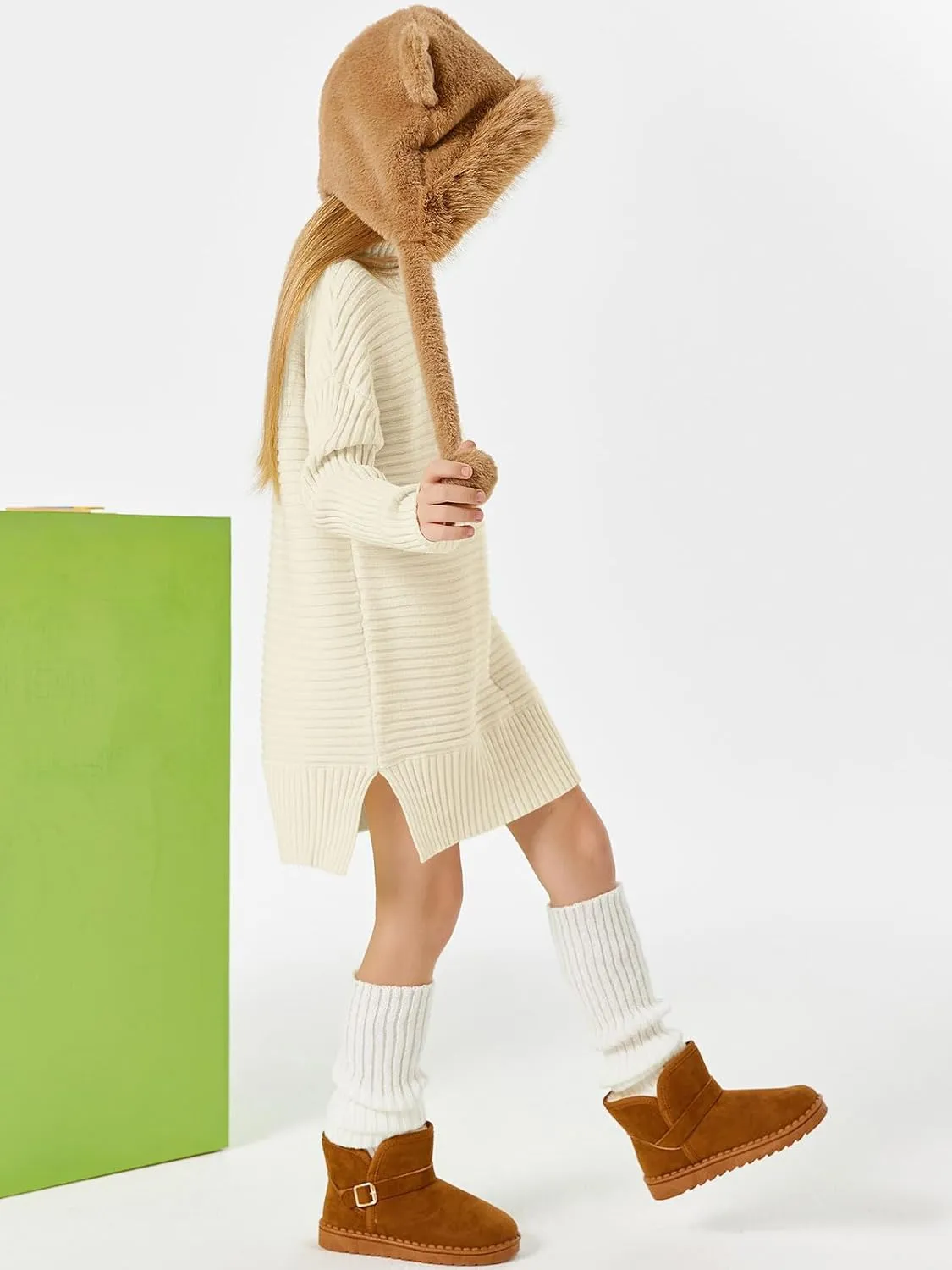 Haloumoning Kids Girls Turtleneck Tunic Sweaters Dress Oversized Long Sleeve Knit Chunky Pullover Jumper with Slit 5-14T