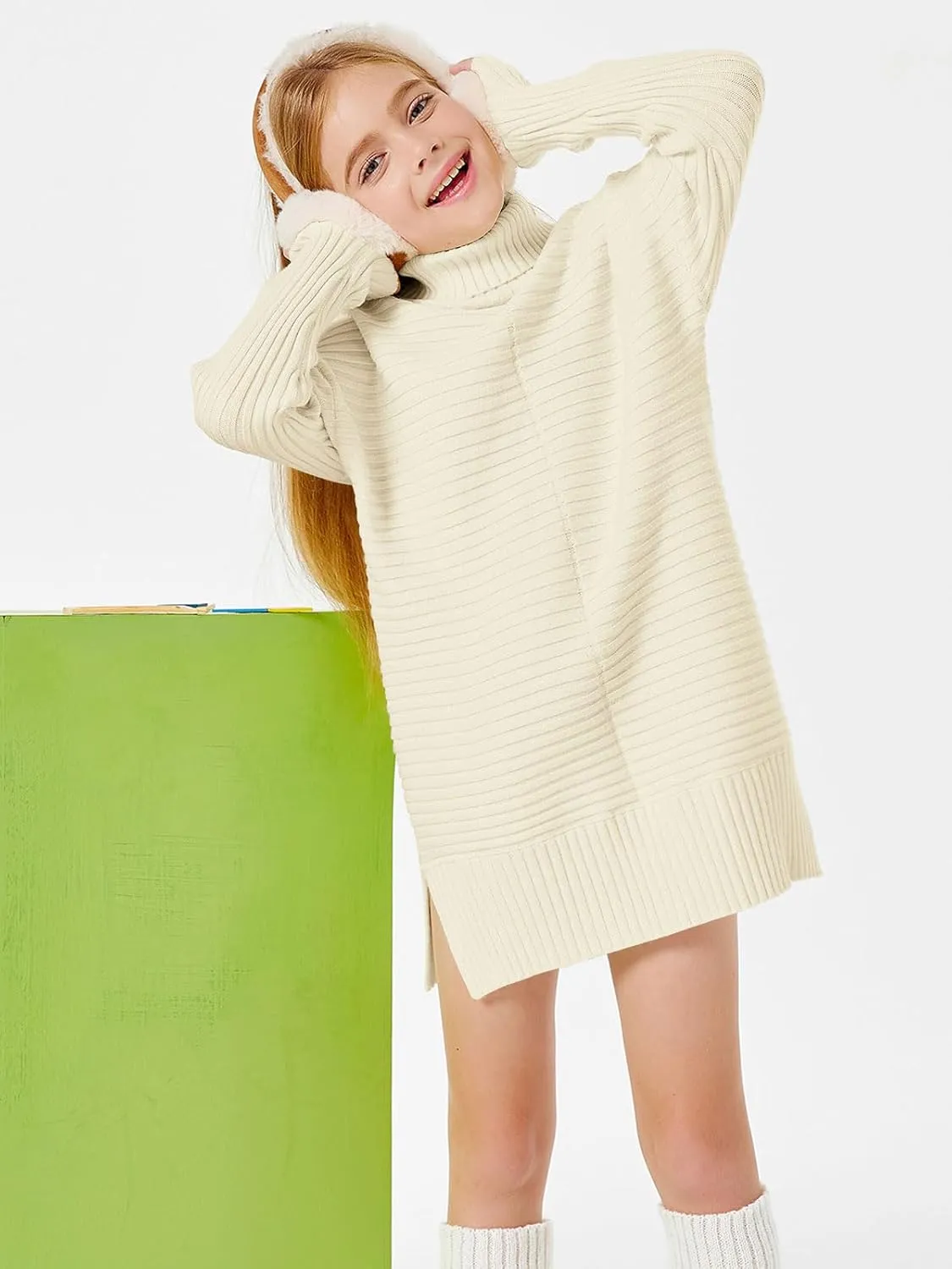 Haloumoning Kids Girls Turtleneck Tunic Sweaters Dress Oversized Long Sleeve Knit Chunky Pullover Jumper with Slit 5-14T