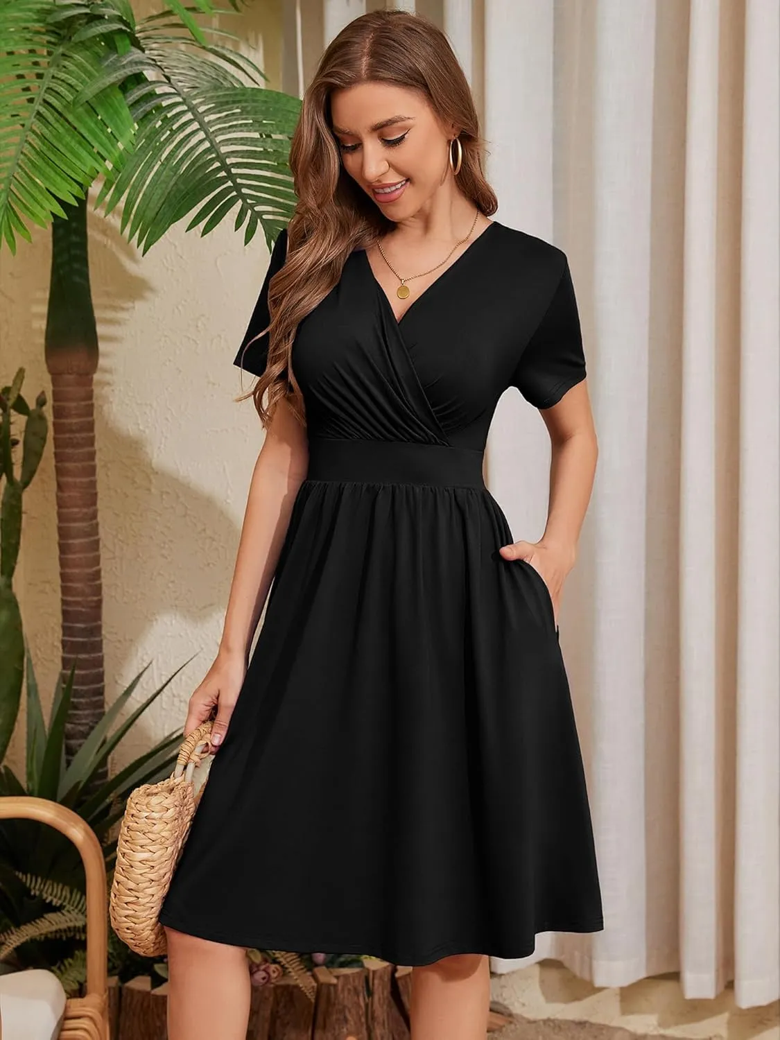 Heymoments Womens Summer Short Sleeve Casual Dresses V-Neck Midi Dress with Pockets S-2XL