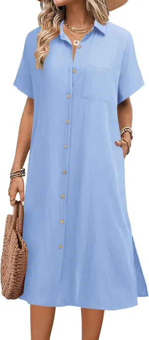 HOTOUCH Womens Summer Dress Casual Midi Short Sleeve Shirt Button Down Loose Beach Dress with Pockets