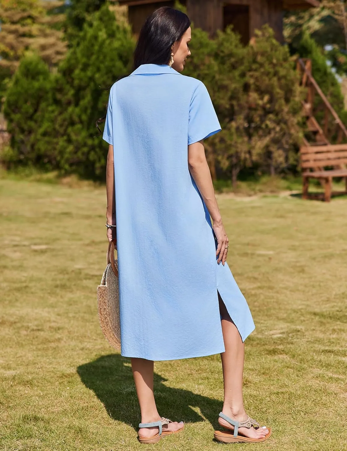 HOTOUCH Womens Summer Dress Casual Midi Short Sleeve Shirt Button Down Loose Beach Dress with Pockets