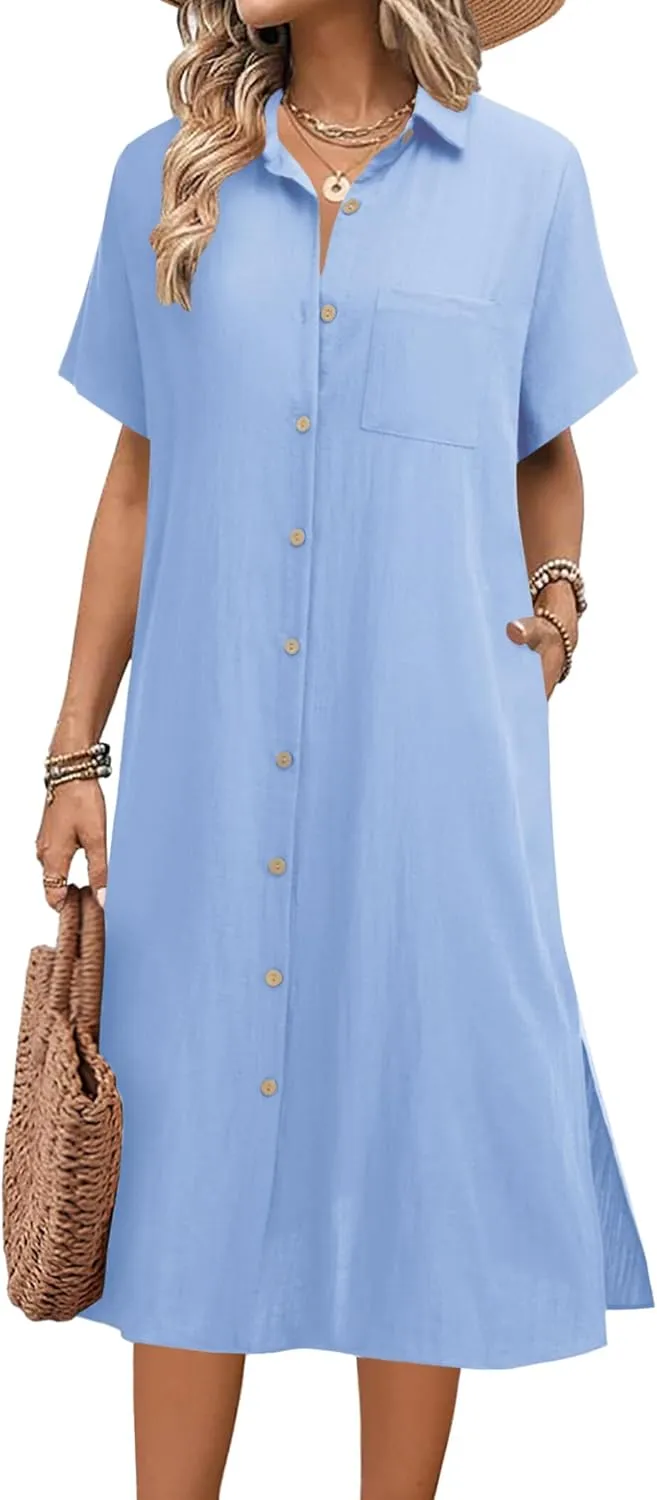 HOTOUCH Womens Summer Dress Casual Midi Short Sleeve Shirt Button Down Loose Beach Dress with Pockets