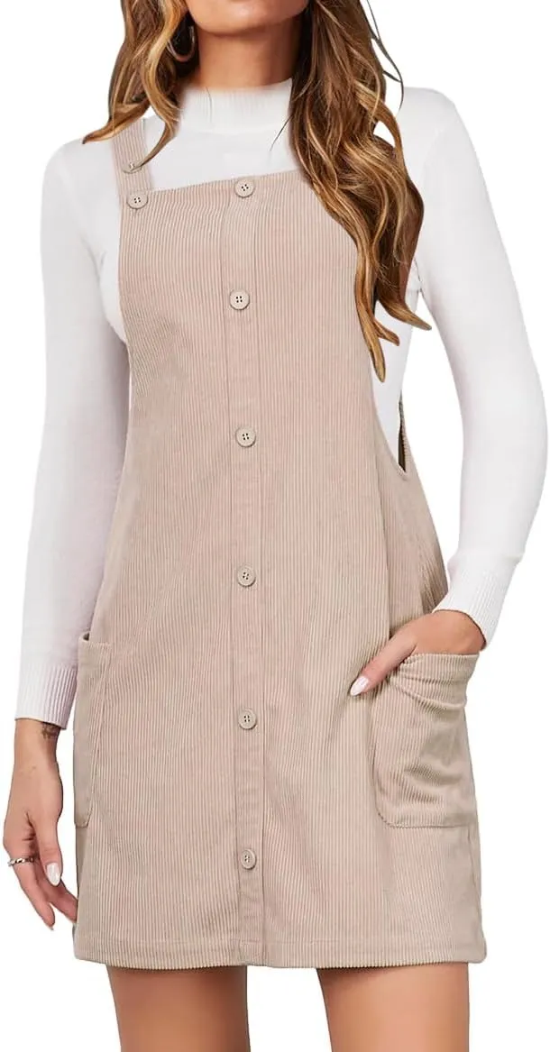 IDEALSANXUN Womens Button Down Corduroy Overall Dress with Pockets