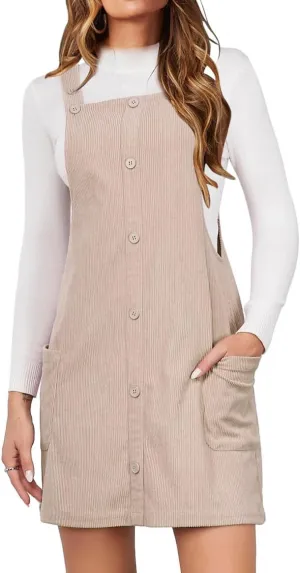 IDEALSANXUN Womens Button Down Corduroy Overall Dress with Pockets