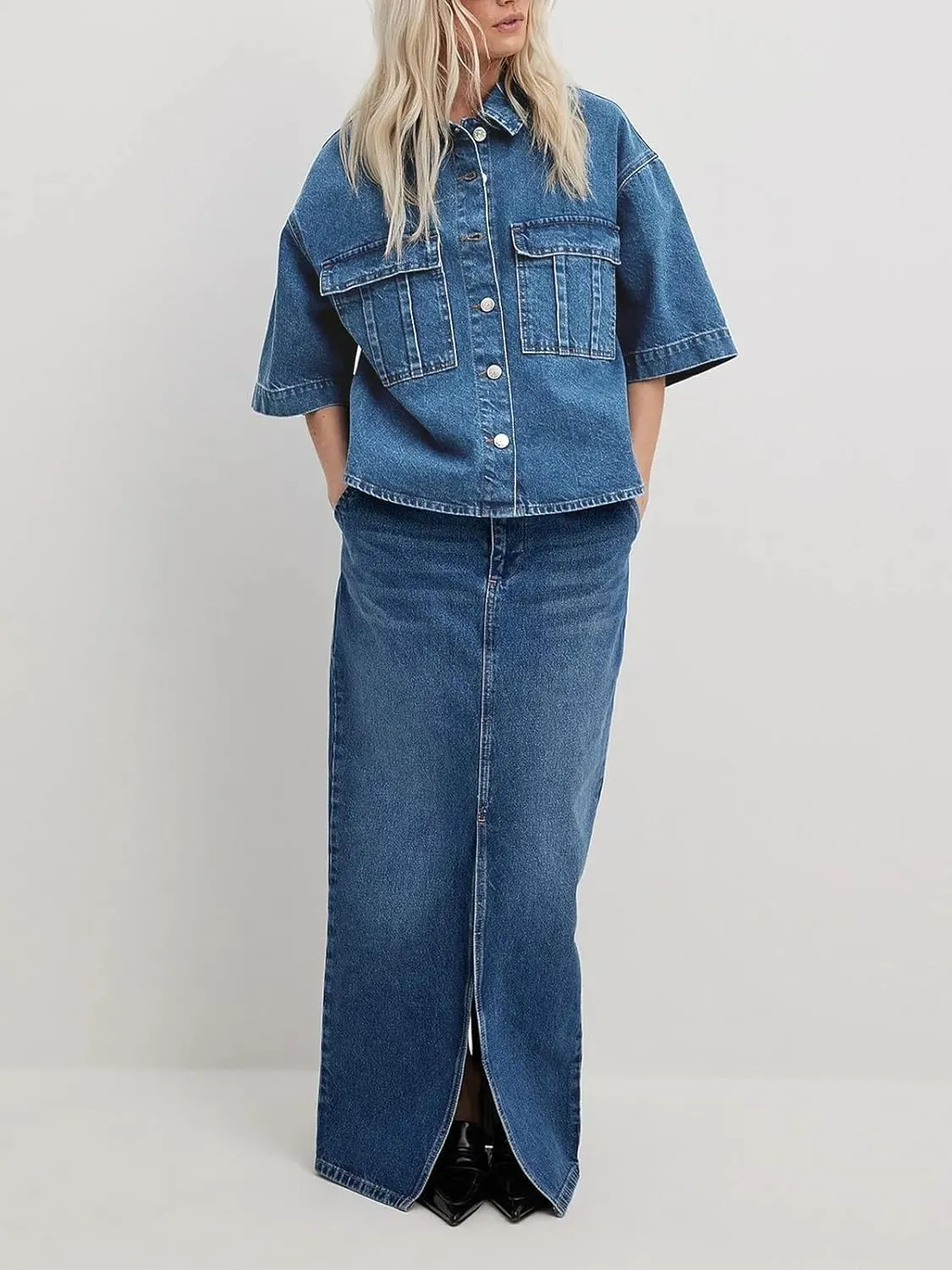 Imily Bela Womens Oversized Short Sleeve Denim Jackets Trendy Cropped Jean Tops Shackets