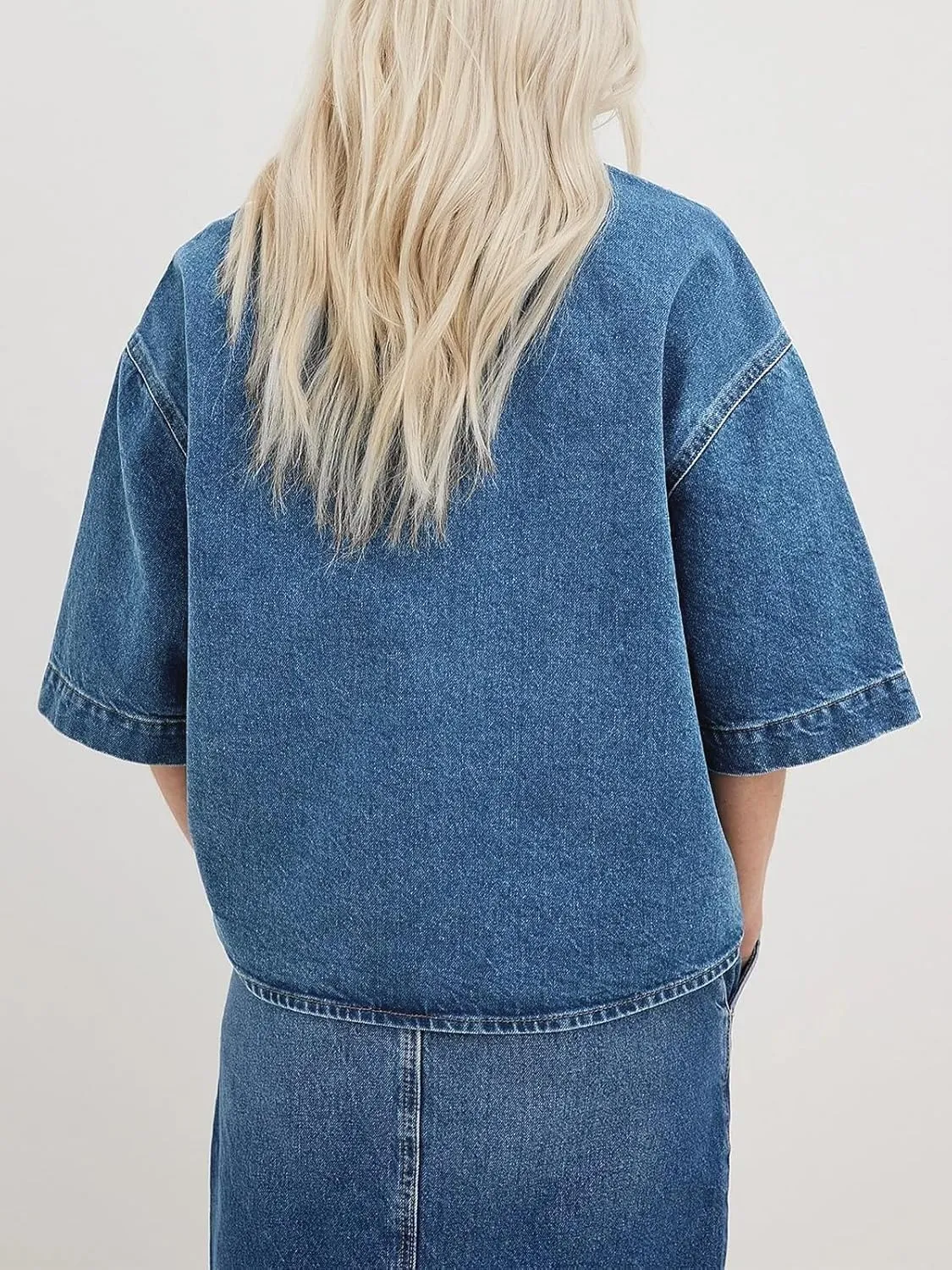 Imily Bela Womens Oversized Short Sleeve Denim Jackets Trendy Cropped Jean Tops Shackets