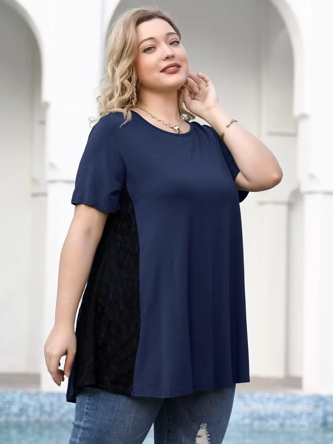 LARACE Plus Size Spring Summer Tunics Tops Short Sleeve Shirts Flowy Lace Tops Wrinkle Free Blouses for Women Dressy Casual