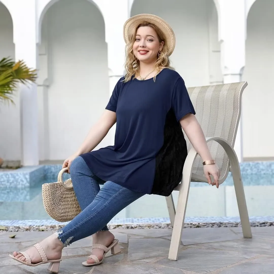 LARACE Plus Size Spring Summer Tunics Tops Short Sleeve Shirts Flowy Lace Tops Wrinkle Free Blouses for Women Dressy Casual
