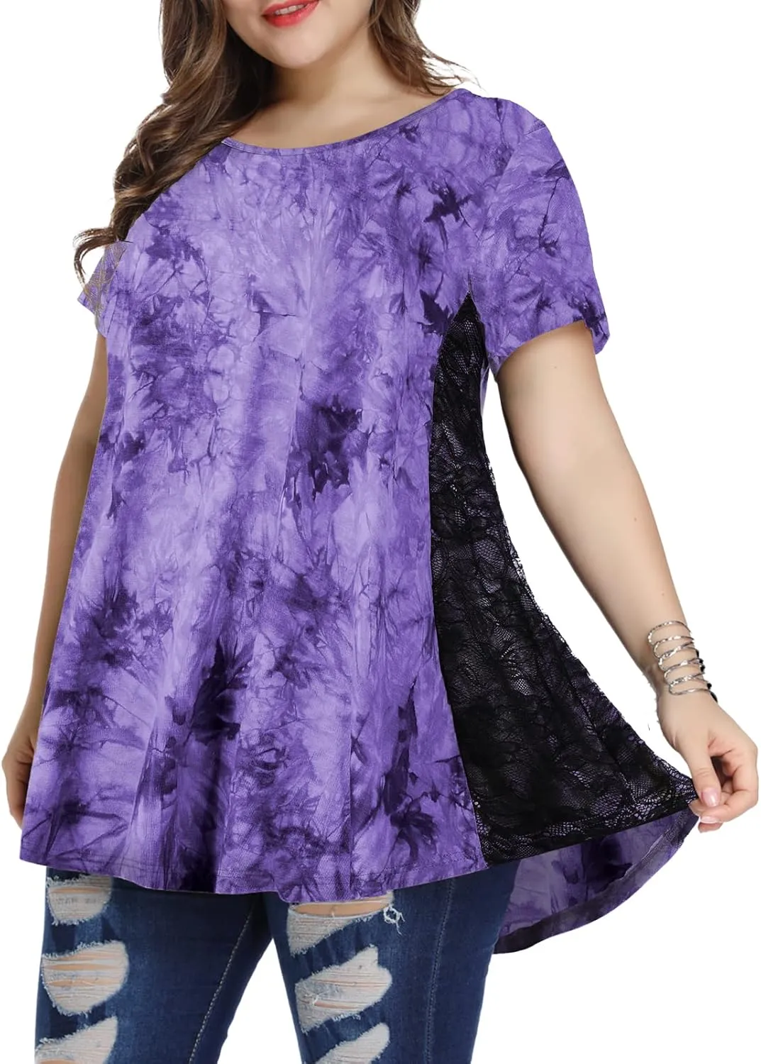 LARACE Plus Size Spring Summer Tunics Tops Short Sleeve Shirts Flowy Lace Tops Wrinkle Free Blouses for Women Dressy Casual