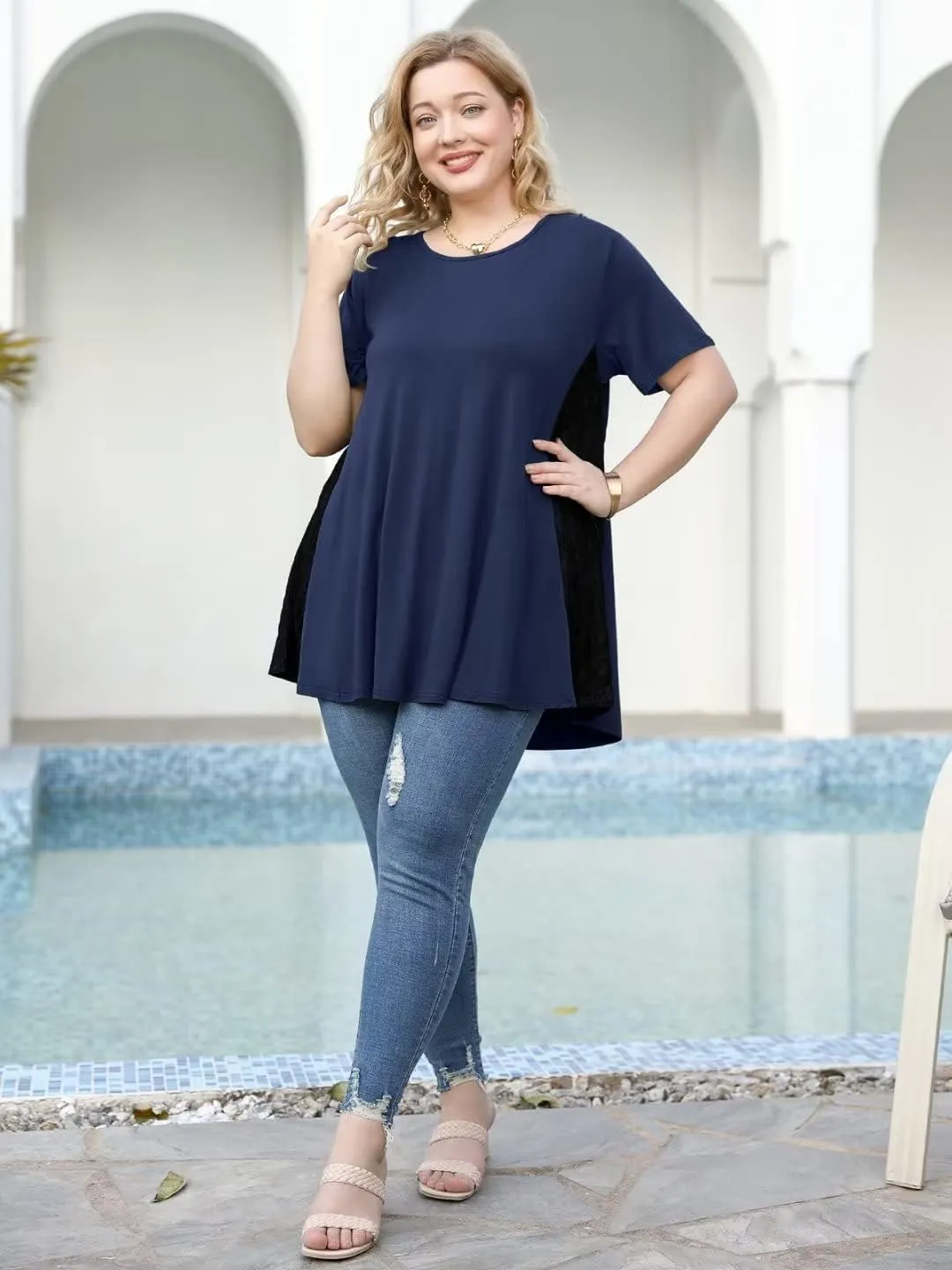 LARACE Plus Size Spring Summer Tunics Tops Short Sleeve Shirts Flowy Lace Tops Wrinkle Free Blouses for Women Dressy Casual