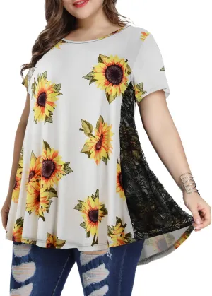 LARACE Plus Size Spring Summer Tunics Tops Short Sleeve Shirts Flowy Lace Tops Wrinkle Free Blouses for Women Dressy Casual