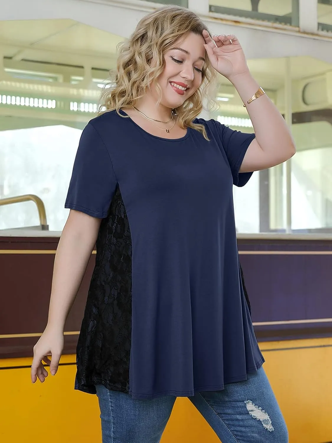 LARACE Plus Size Spring Summer Tunics Tops Short Sleeve Shirts Flowy Lace Tops Wrinkle Free Blouses for Women Dressy Casual