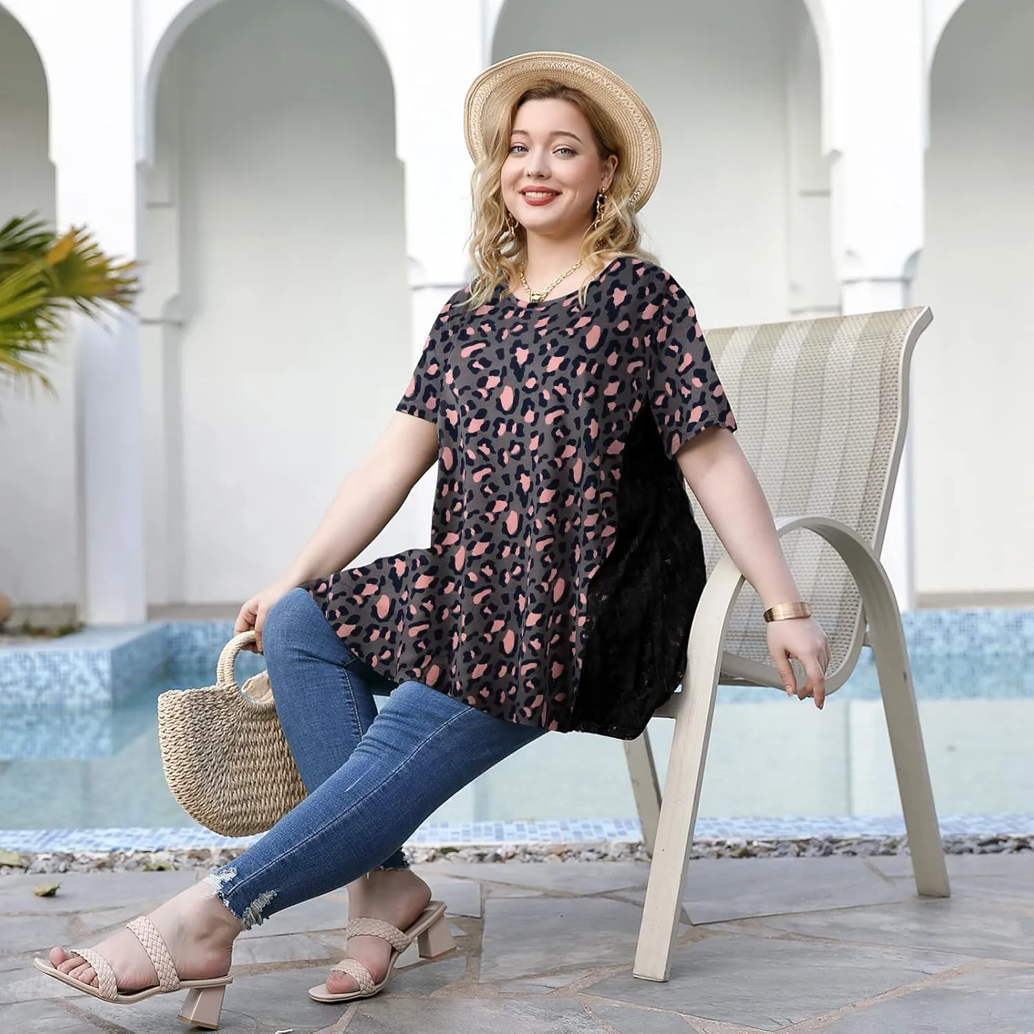 LARACE Plus Size Spring Summer Tunics Tops Short Sleeve Shirts Flowy Lace Tops Wrinkle Free Blouses for Women Dressy Casual
