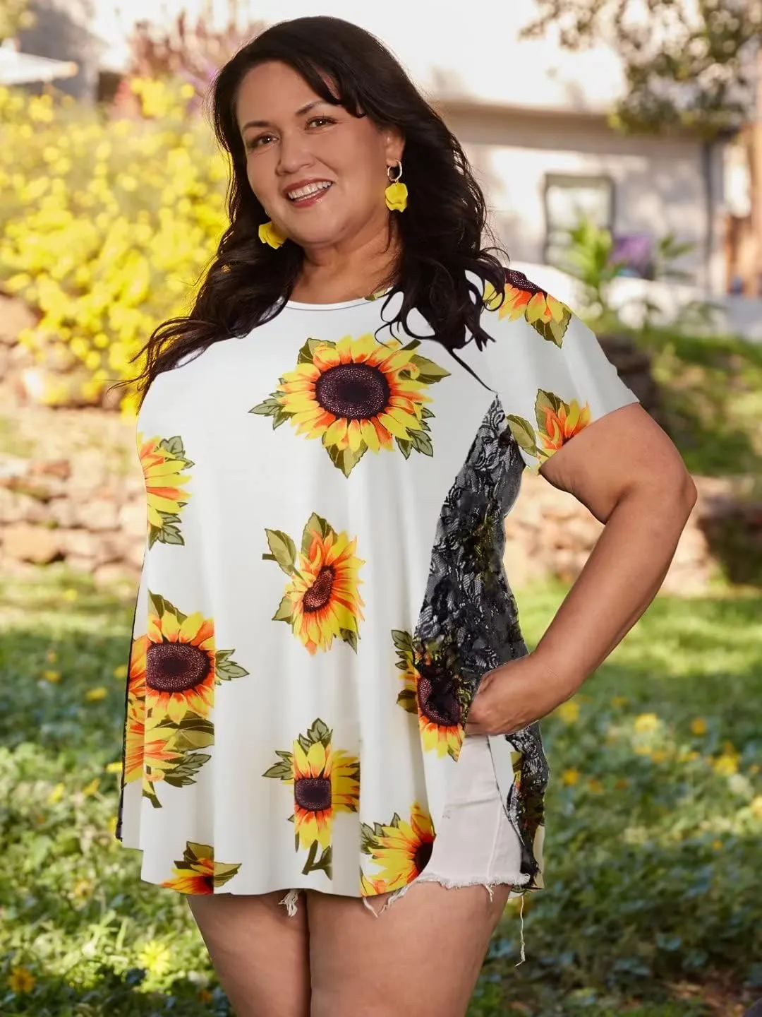 LARACE Plus Size Spring Summer Tunics Tops Short Sleeve Shirts Flowy Lace Tops Wrinkle Free Blouses for Women Dressy Casual