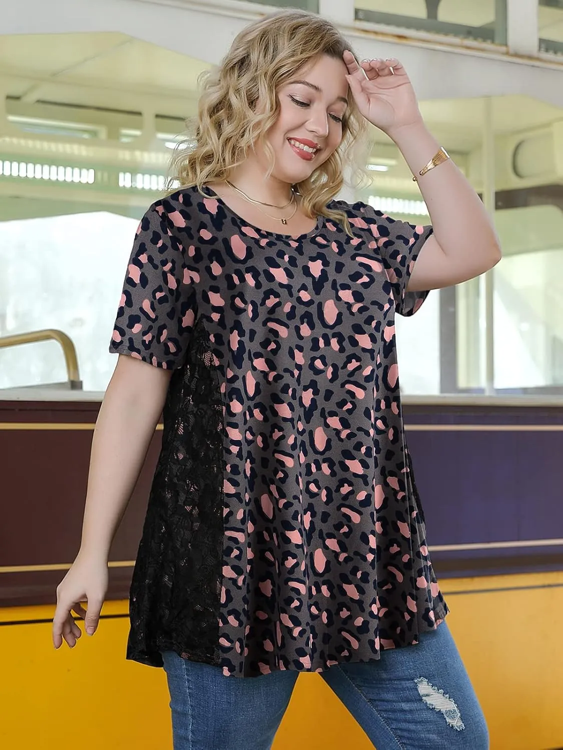 LARACE Plus Size Spring Summer Tunics Tops Short Sleeve Shirts Flowy Lace Tops Wrinkle Free Blouses for Women Dressy Casual