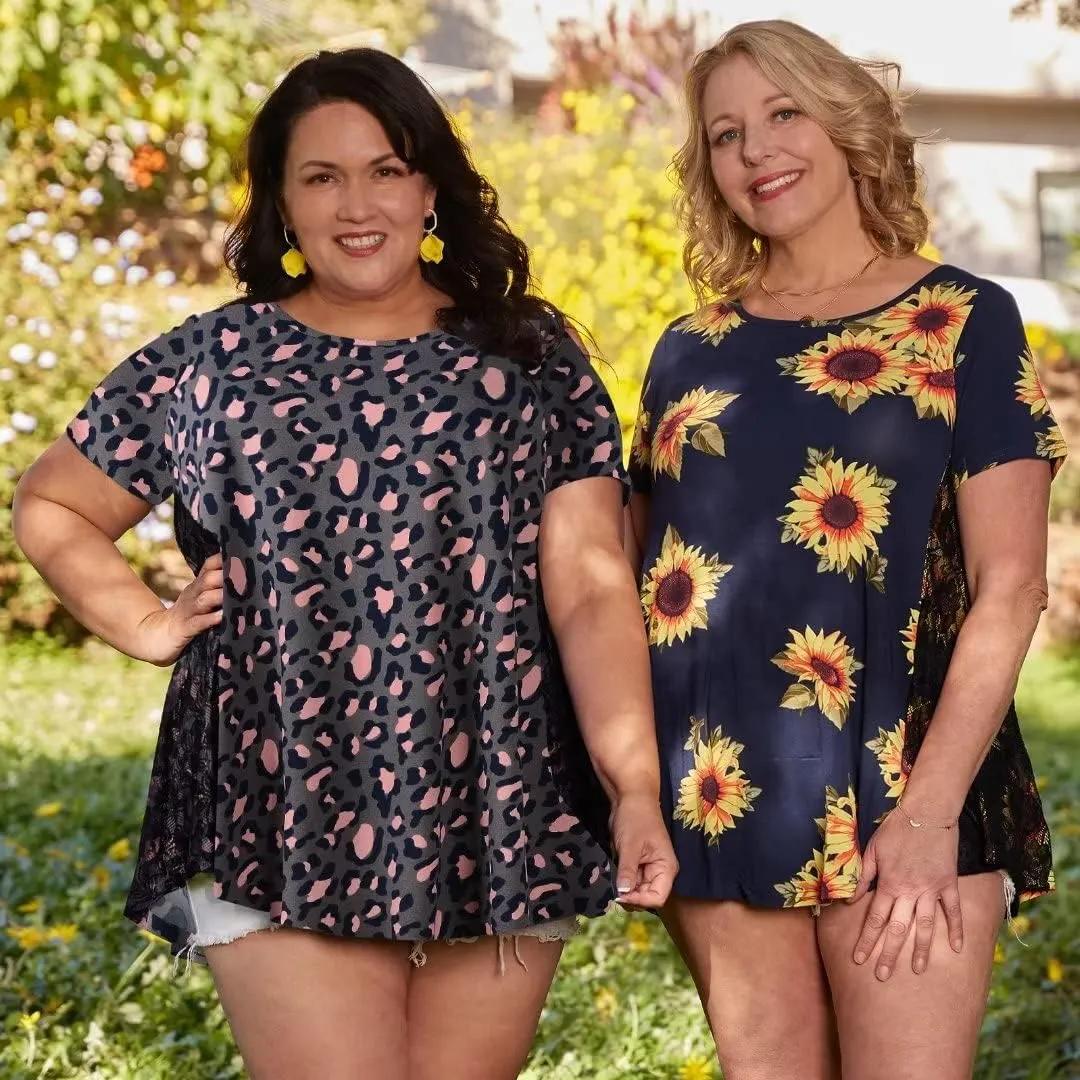 LARACE Plus Size Spring Summer Tunics Tops Short Sleeve Shirts Flowy Lace Tops Wrinkle Free Blouses for Women Dressy Casual