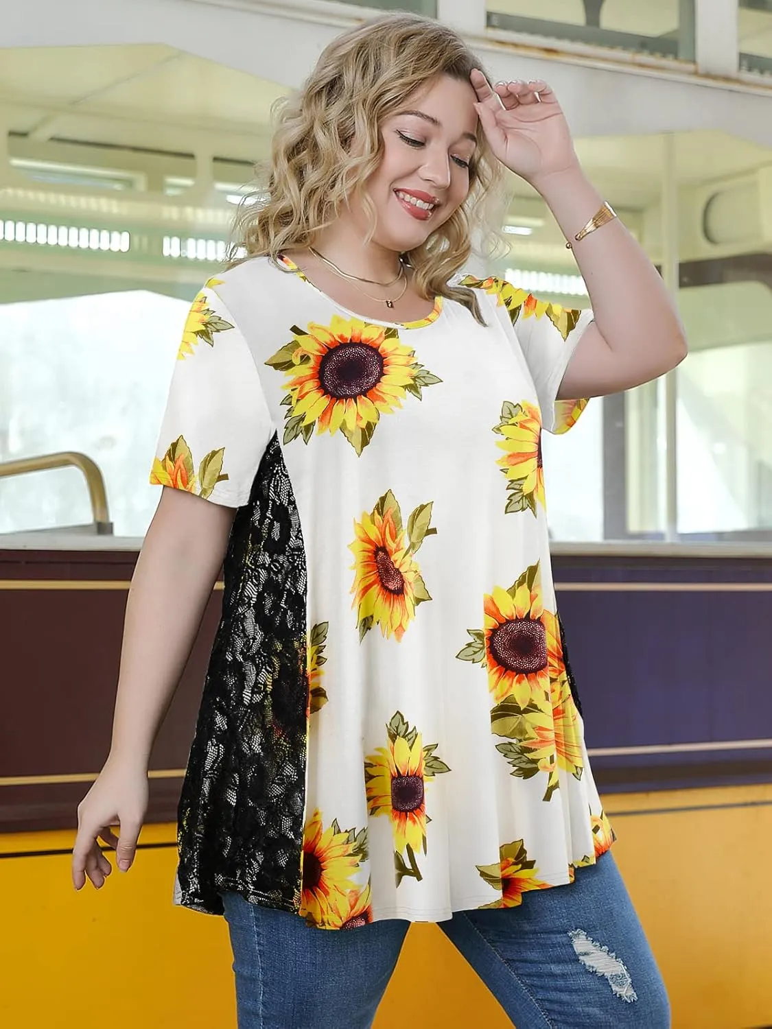 LARACE Plus Size Spring Summer Tunics Tops Short Sleeve Shirts Flowy Lace Tops Wrinkle Free Blouses for Women Dressy Casual
