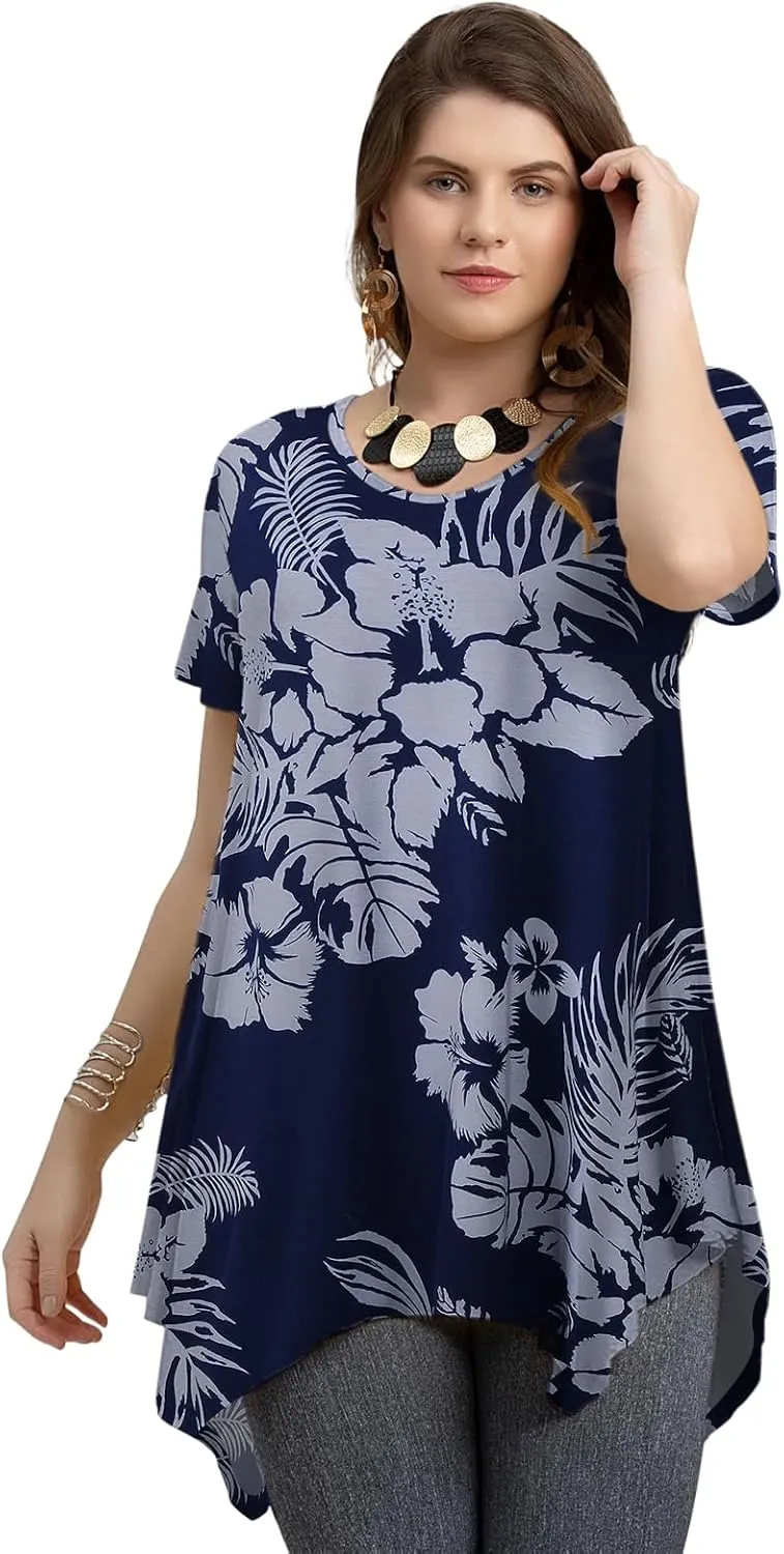 LARACE Plus Size Tops for Womens Summer Clothes Short Sleeve Shirts Casual V Neck Tunic Asymmetrical Blouses