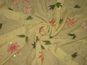 Lime Yellow soft silk crepe fabric with embroidery and sequin