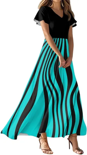 Long Maxi Dresses for Women Elegant 2025 Vacation V Neck Floral Summer Flowy Short Sleeve Empire Waist Dress