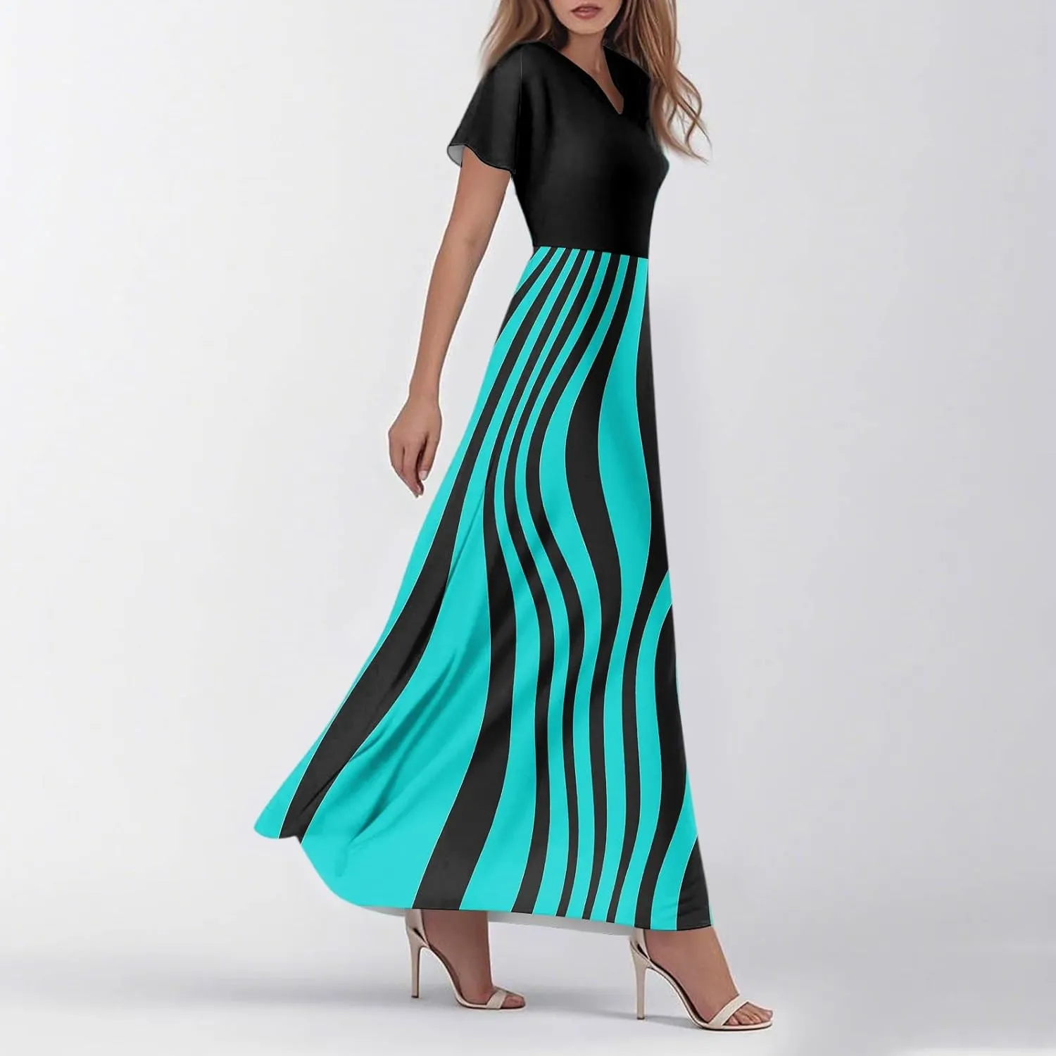 Long Maxi Dresses for Women Elegant 2025 Vacation V Neck Floral Summer Flowy Short Sleeve Empire Waist Dress