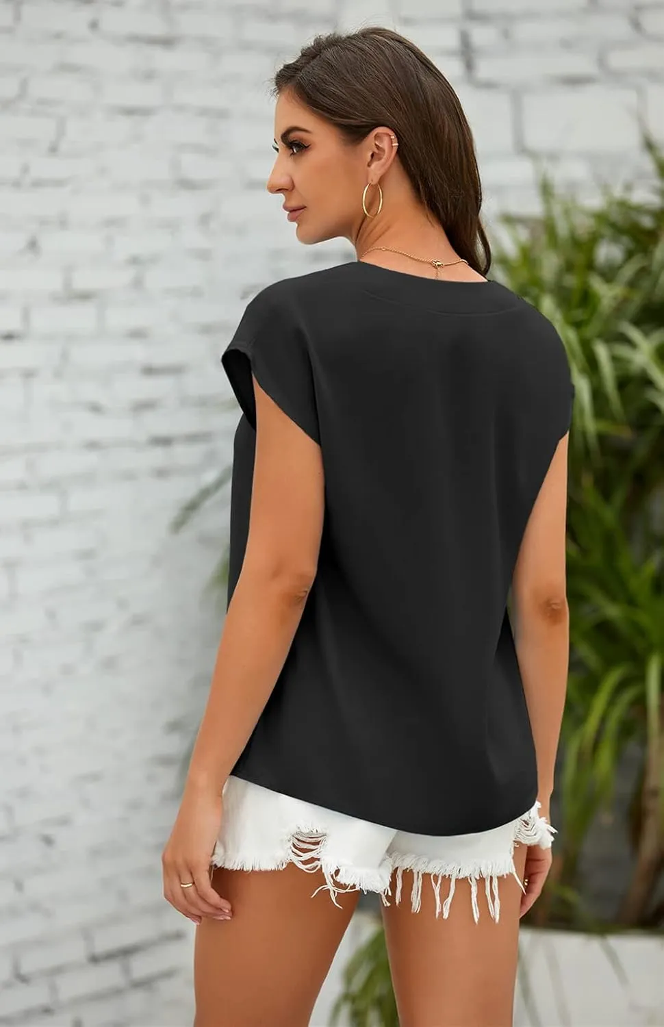 Lynwitkui Women's V Neck Chiffon Blouses Cap Sleeve Shirts Casual Loose Work Office Solid Tops