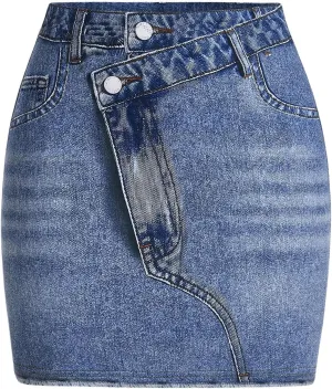 MakeMeChic Women's Plus Size Denim Short Skirt Asymmetrical Bodycon Jean Skirts Mini Skirts