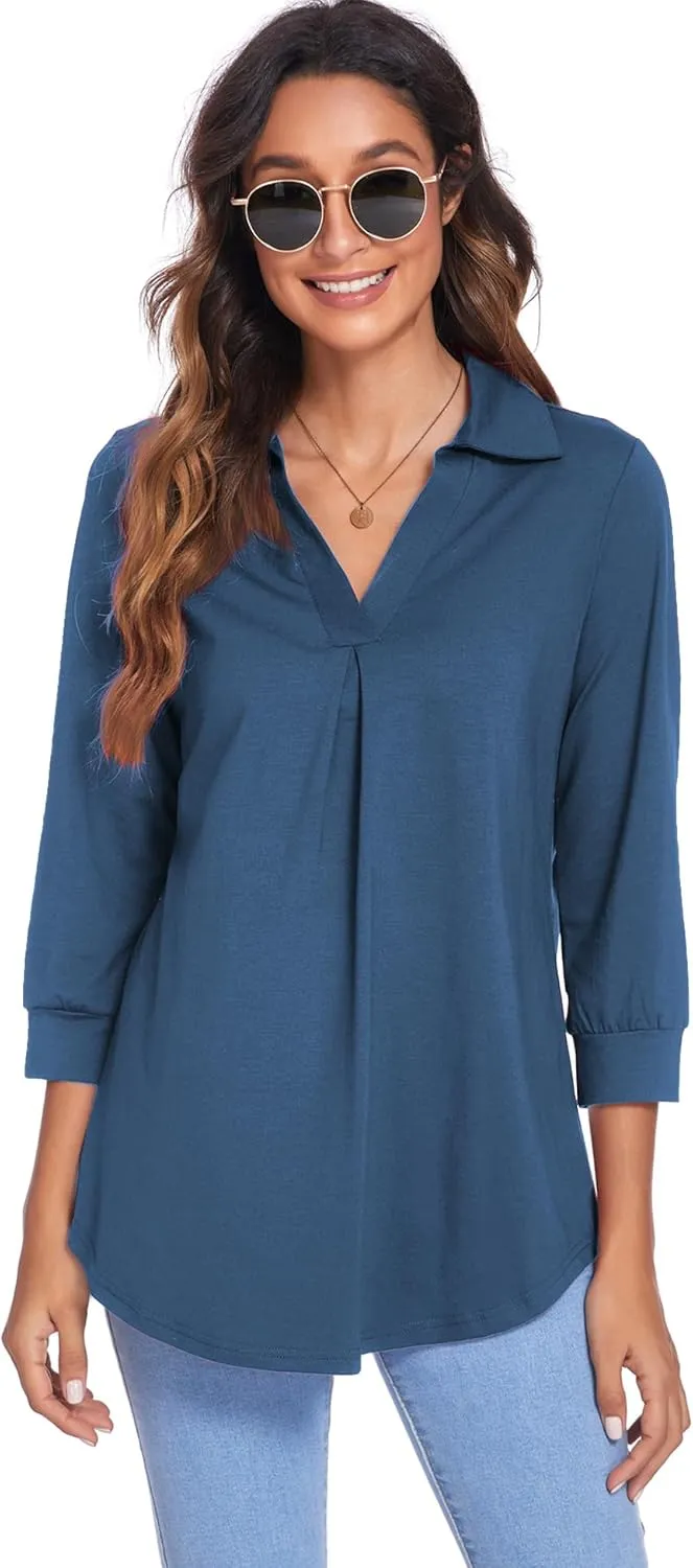 Newchoice Womens Collared V Neck 3/4 Sleeve Shirts Business Casual Tops Loose Work Blouses (S-3XL)
