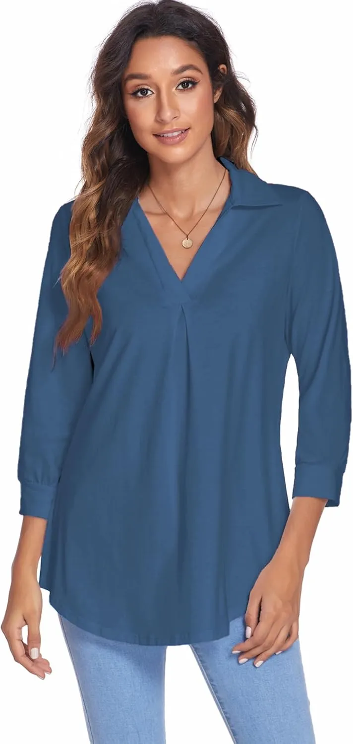 Newchoice Womens Collared V Neck 3/4 Sleeve Shirts Business Casual Tops Loose Work Blouses (S-3XL)