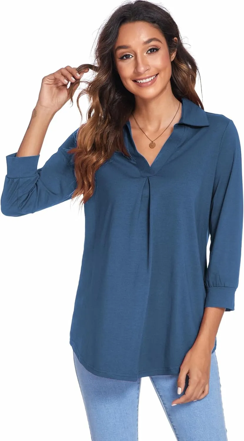 Newchoice Womens Collared V Neck 3/4 Sleeve Shirts Business Casual Tops Loose Work Blouses (S-3XL)