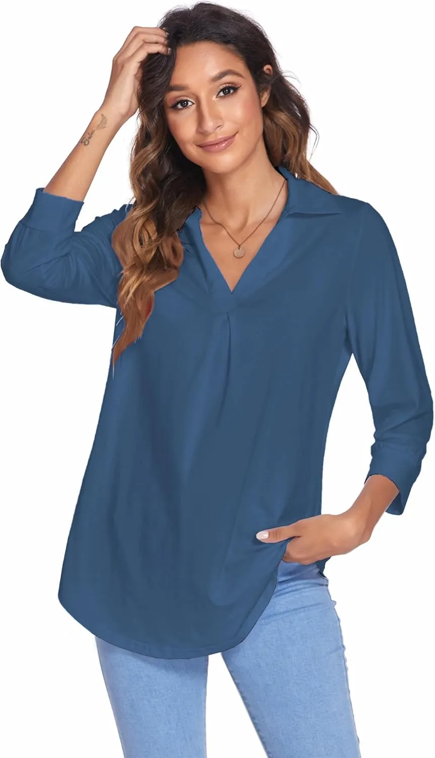 Newchoice Womens Collared V Neck 3/4 Sleeve Shirts Business Casual Tops Loose Work Blouses (S-3XL)